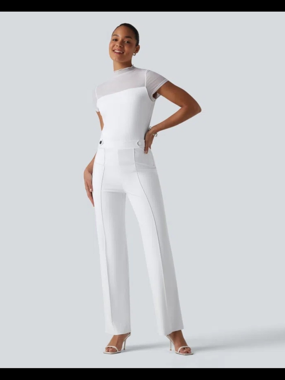 NWT HALARA White High-Waist Wide-Leg Jumpsuit with Sheer Yoke